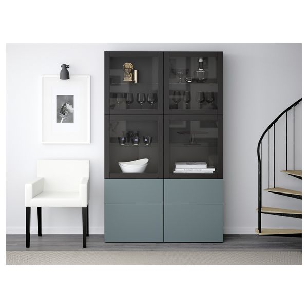 Комбинация для хранения со стеклянными дверцами БЕСТО, черно-коричневый, Вальвикен серо-бирюзовый, прозрачное стекло (120x40x192 - схема-чертеж с размерами