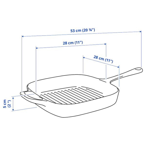 Сковорода для гриля, чугун 28x28 см IKEA VARDAGEN ВАРДАГЕН 204.372.89 - схема-чертеж с размерами
