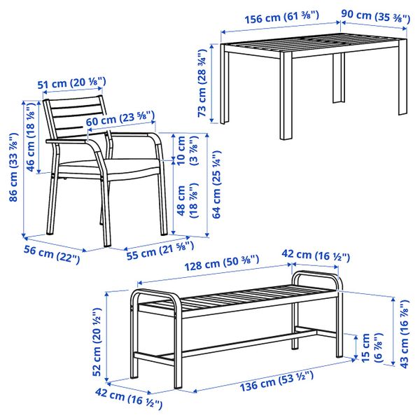 Стол+2стула+скамья,д/сада, темно-серый/светло-серый 156x90 см IKEA SJÄLLAND ШЭЛЛАНД 292.651.94 - схема-чертеж с размерами