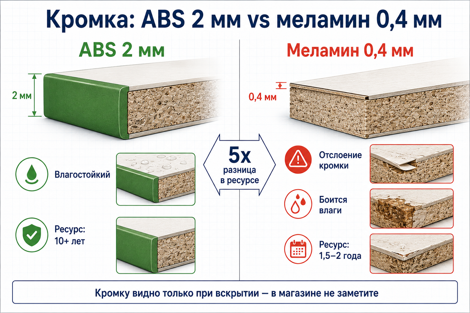Сравнение кромок: ABS 2 мм vs меламин 0,4 мм — разница в ресурсе 5x