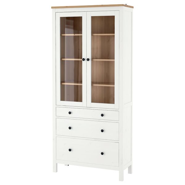 Шкаф-витрина с 3 ящиками, белая морилка/светло-коричневый 90x197 см IKEA HEMNES ХЕМНЭС 904.135.05 - фото 1