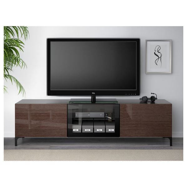 Тумба под ТВ с ящиками и дверцей БЕСТО, черно-коричневый, Сельсвикен глянцевый/коричневый прозрач стекло (180x40x48 см) - фото 2