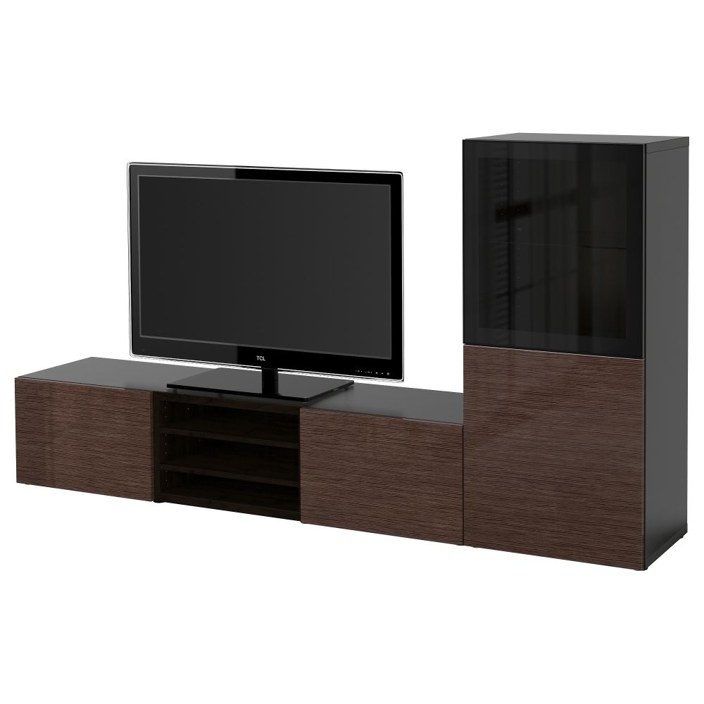 Шкаф для ТВ, комбинированный, стекляные дверцы БЕСТО, черно-коричневый, Сельсвикен глянцевый/коричневый прозрач стекло - фото 1