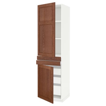 Высокий шкаф + полки, 5 ящиков, 2 дверцы, 2 фронтальных МЕТОД / МАКСИМЕРА, белый, Филипстад коричневый