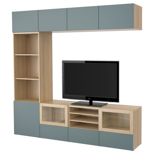 Шкаф для ТВ, комбинированный, стекляные дверцы БЕСТО, под беленый дуб, Вальвикен серо-бирюзовый, прозрачное стекло (240x40x230 - фото 1