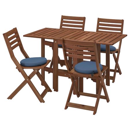 Стол + 4 складных стула, для/сада, коричневая морилка/ФРЁСЁН/ДУВХОЛЬМЕН синий IKEA ЭПЛАРО 293.249.28