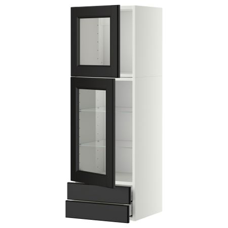 Навесной шкаф, 2 стеклянные дверцы, 2 ящика МЕТОД / МАКСИМЕРА, белый, Лаксарби черно-коричневый