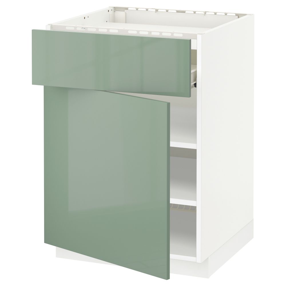 Напольный шкаф для варочной панели, ящик, полка, дверцы МЕТОД / ФОРВАРА, белый, Калларп светло-зеленый (60x60 см) - фото 1