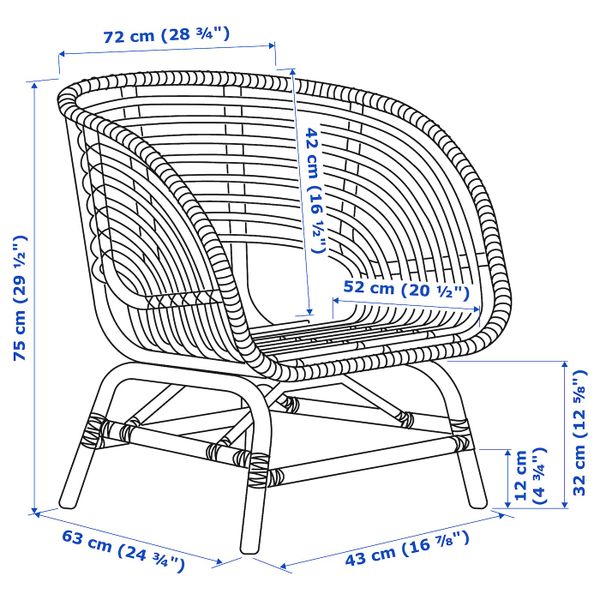 Кресло, ротанг/Юпвик белый IKEA BUSKBO БУСКБУ 192.990.19 - схема-чертеж с размерами