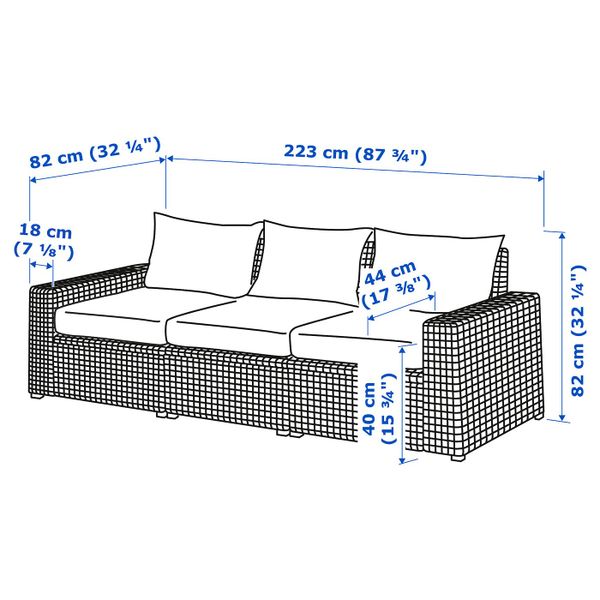 3-местный модульный диван, садовый, темно-серый/Холло бежевый 223x82x80 см IKEA СОЛЛЕРОН 092.884.84 - схема-чертеж с размерами