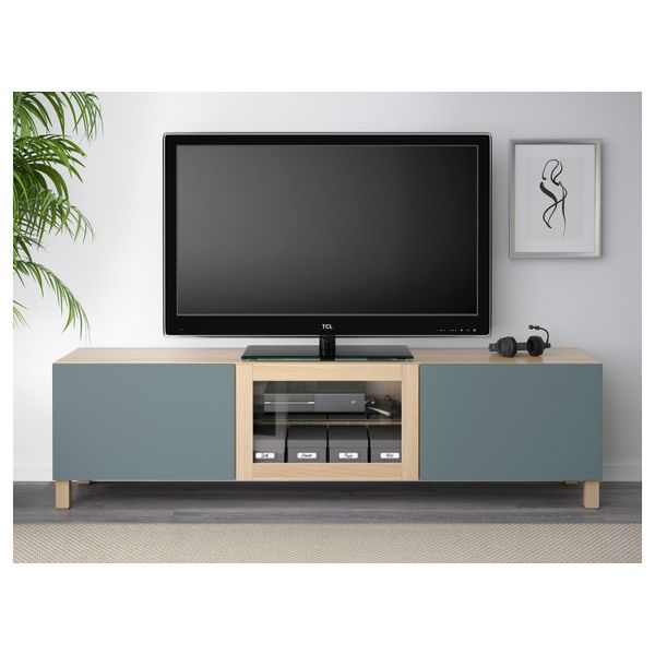 Тумба под ТВ с ящиками и дверцей БЕСТО, под беленый дуб, Вальвикен серо-бирюзовый, прозрачное стекло (180x40x48 см) - фото 3