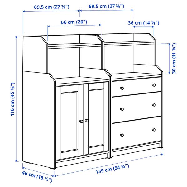 Комбинация для хранения, серый 139x46x116 см IKEA HAUGA ХАУГА 993.886.91 - схема-чертеж с размерами