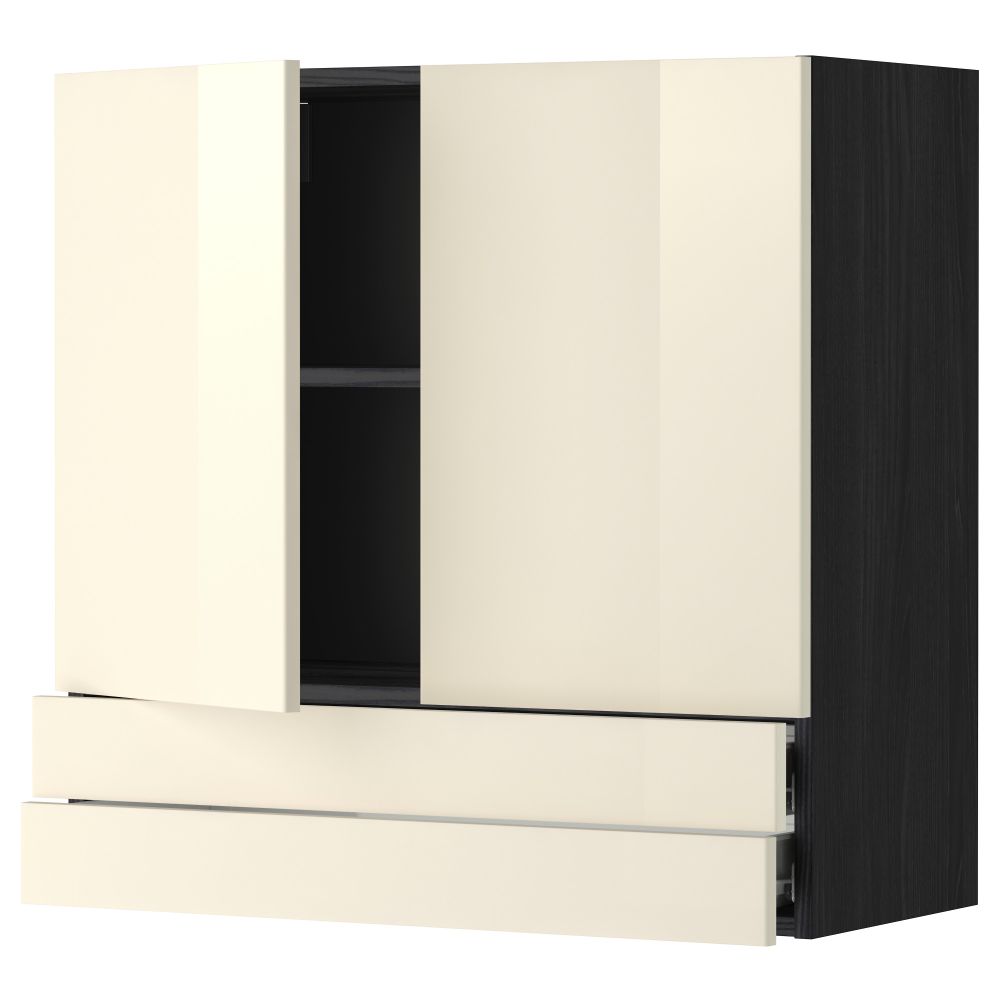 Навесной шкаф, 2 дверцы, 2 ящика МЕТОД / ФОРВАРА, черный, Рингульт кремовый - фото 1