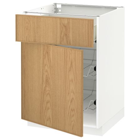 Напольный шкаф с проволочной корзиной, ящиком, дверью МЕТОД / ФОРВАРА, белый, Экестад дуб