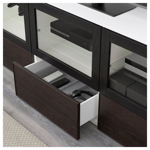 Тумба под ТВ, с дверцами и ящиками БЕСТО, белый Синдвик, Инвикен черно-коричневый прозрачное стекло (180x40x64 см) - фото 3