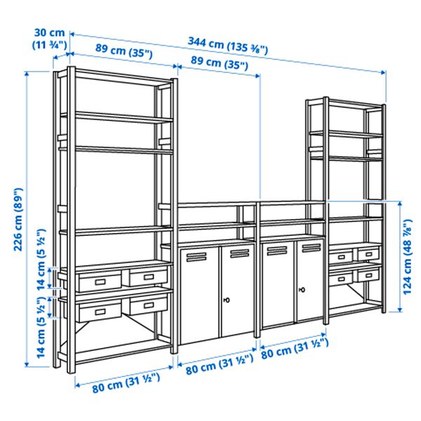 4 секции, полки, шкаф, 344x30x226 см, сосна, белый IKEA IVAR ИВАР 292.482.08 - схема-чертеж с размерами