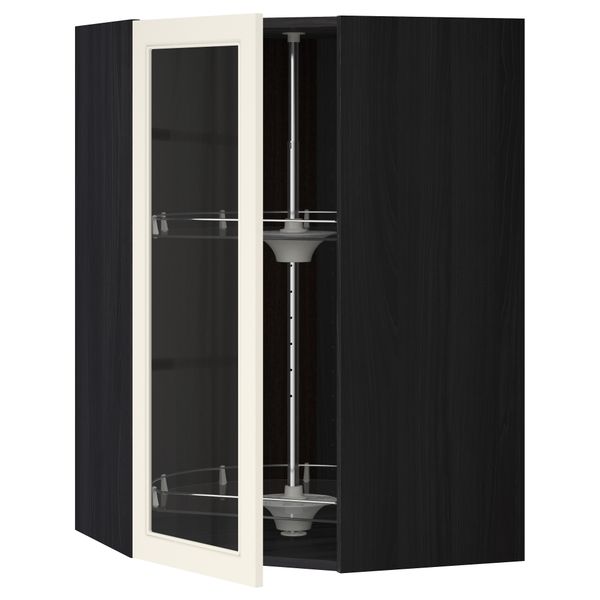 Угловой навесной шкаф с вращающающейся секцией, стеклянными дверцами МЕТОД, черный, Хитарп белый с оттенком - схема-чертеж с размерами