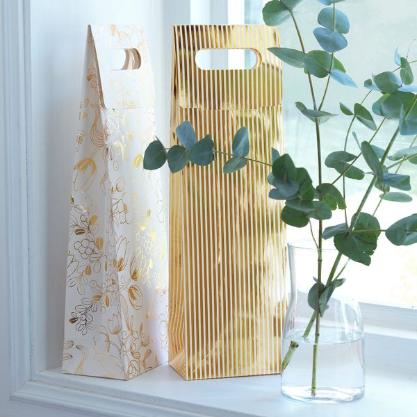 Подарочная упаковка для бутылки, орнамент «полоска»/цветочный орнамент белый, золотой 13x41 см IKEA VINTER 2020 ВИНТЕР 2020 - схема-чертеж с размерами