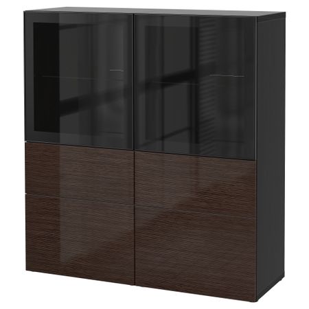 Комбинация для хранения со стеклянными дверцами БЕСТО, черно-коричневый, Сельсвикен глянцевый/коричневый прозрач стекло