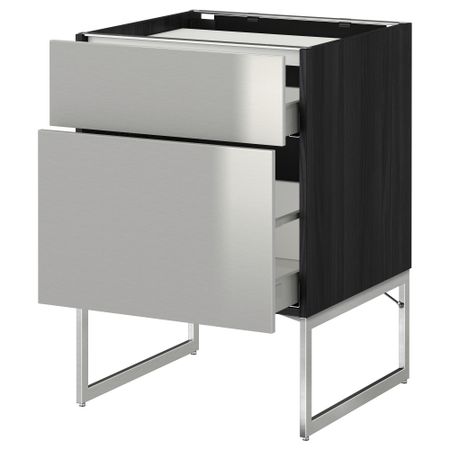 Напольный шкаф, 2 фронтальных панели, 3 ящика МЕТОД / МАКСИМЕРА, черный, Гревста нержавеющ сталь