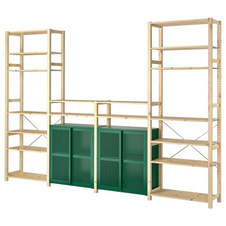 4 секции, полки/шкаф, сосна/зеленый сетка 344x30x226 см IKEA IVAR ИВАР 794.013.87