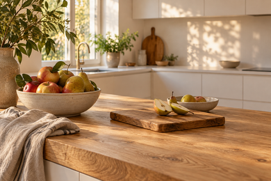 Кухня со столешницей KARLBY из дубового шпона: тёплый дневной свет, текстура дерева крупным планом