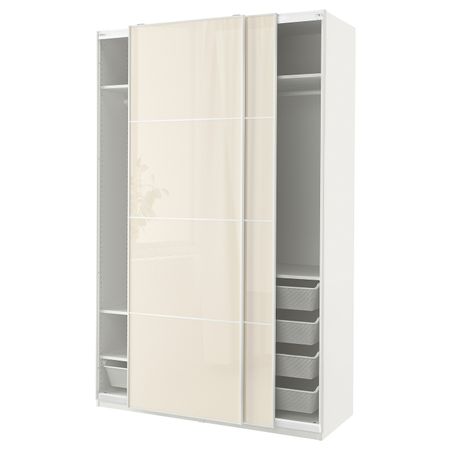 Гардероб, белый/глянцевый светло-бежевый 150x66x236 см IKEA PAX ПАКС / HOKKSUND ХОККСУНД 394.802.92
