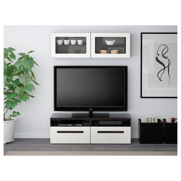 Шкаф для ТВ, комбинированный, стекляные дверцы БЕСТО, черно-коричневый, Марвикен белый прозрачное стекло (120x20/40x166 см) - фото 3