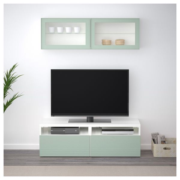 Шкаф для ТВ, комбинированный, стекляные дверцы БЕСТО, белый Сельсвикен, глянцевый/серо-зеленый светлый прозрачное стекло - фото 2