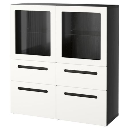 Комбинация для хранения со стеклянными дверцами БЕСТО, черно-коричневый, Марвикен белый прозрачное стекло (120x40x128 см)