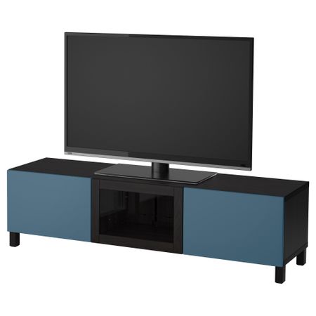 Тумба под ТВ с ящиками и дверцей БЕСТО, черно-коричневый Вальвикен, темно-синий прозрачное стекло (180x40x48 см)