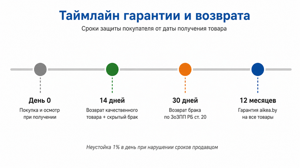 Таймлайн сроков гарантии IKEA и aikea.by: покупка, 14 дней, 30 дней, 12 месяцев