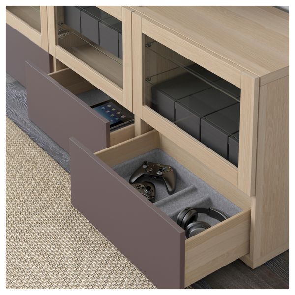 Тумба под ТВ, с дверцами и ящиками БЕСТО, под беленый дуб, Вальвикен темно-коричневый, прозрачное стекло (180x40x64 см) - фото 3