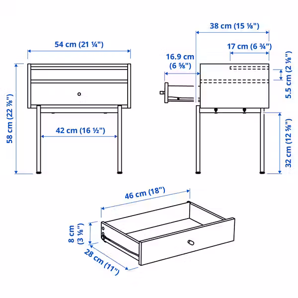 RÅDMANSÖ Тумба прикроватная - коричневый под грецкий орех 54x38x58 см - схема-чертеж с размерами