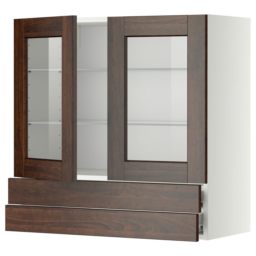 Навесной шкаф, 2 стеклянные дверцы, 2 ящика МЕТОД / ФОРВАРА, белый, Эдсерум коричневый - фото 1