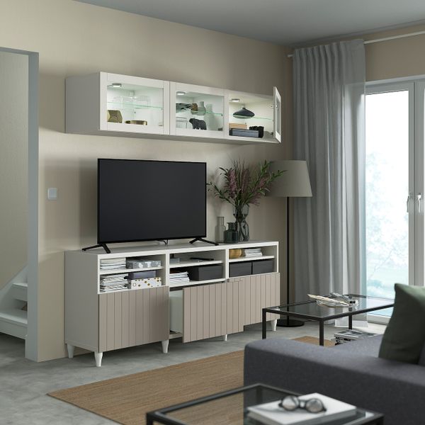 Шкаф для ТВ, комбинированный, стекляные дверцы, белый СУТТЕРВ/КАББАРП/серо-бежевый прозрачное стекло 180x42x192 см IKEA BESTÅ - фото 2