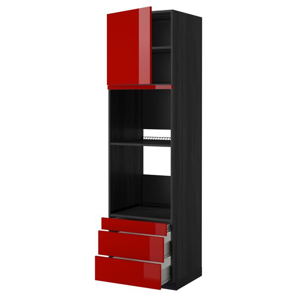 Высокий шкаф для духовки комбинированный, духовка + дверца, 3 ящика МЕТОД / ФОРВАРА, черный, Рингульт красный - схема-чертеж с размерами