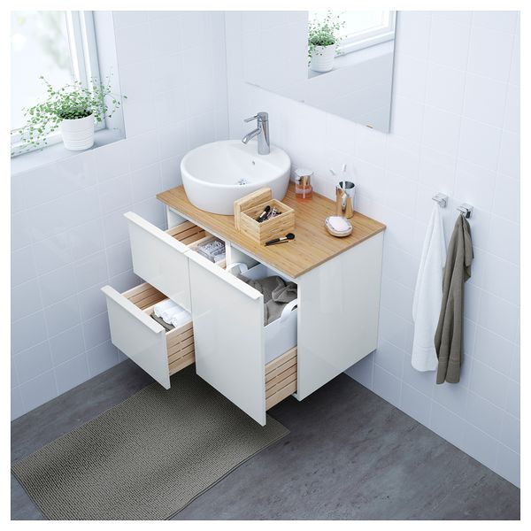 Шкаф с раковиной 45 см ГОДМОРГОН/ТОЛКЕН / ТОРНВИКЕН, глянцевый белый, бамбук (82x49x74 см) - схема-чертеж с размерами