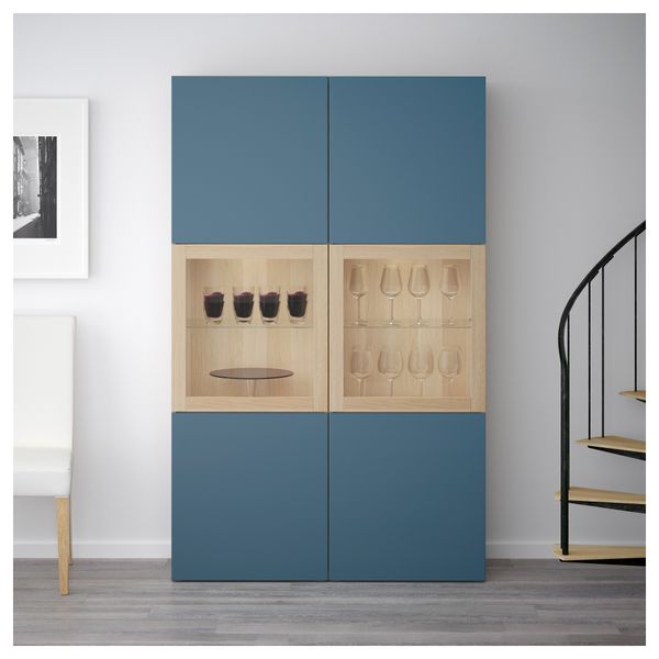 Комбинация для хранения со стеклянными дверцами БЕСТО, под беленый дуб Вальвикен, темно-синий прозрачное стекло - фото 2