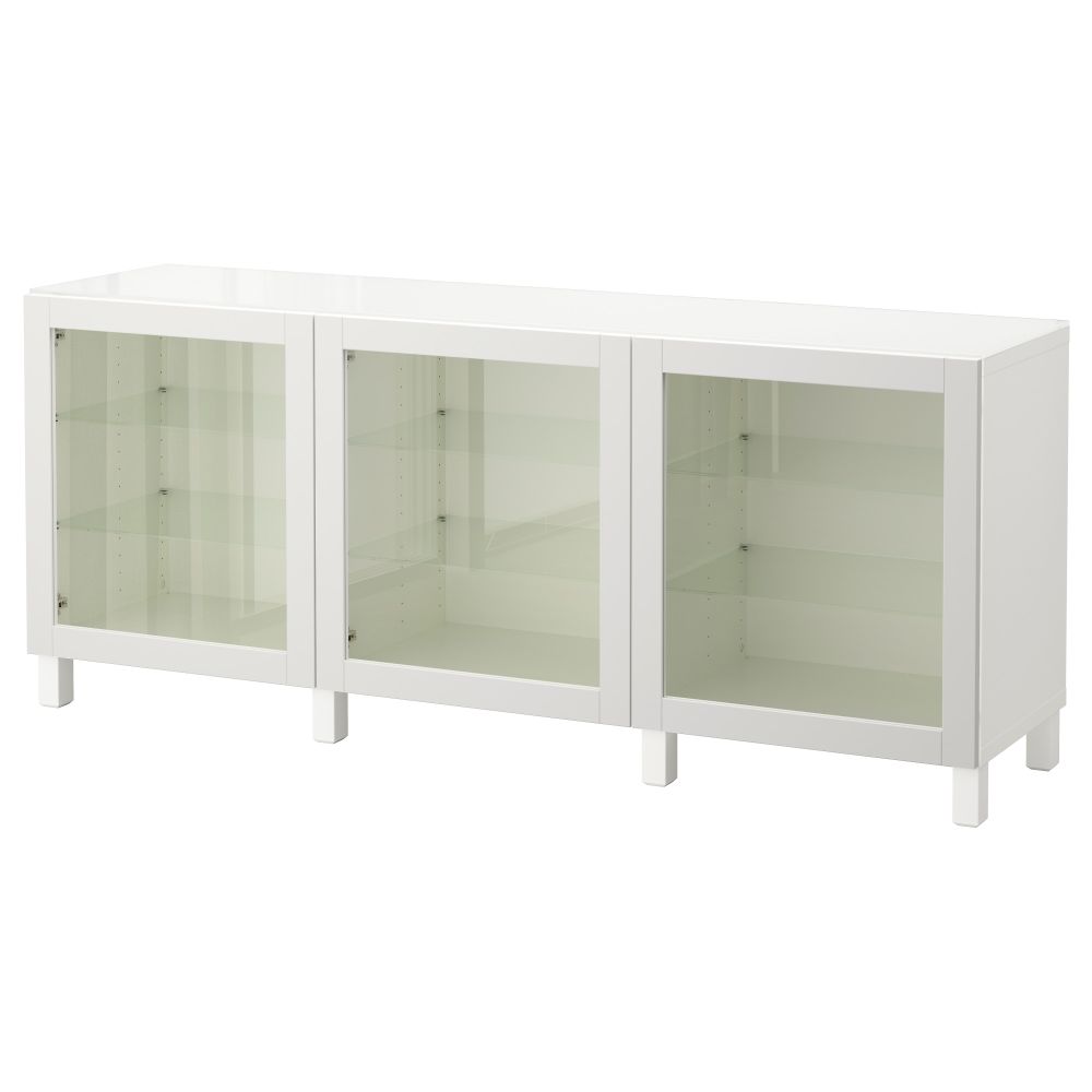 Комбинация для хранения с дверцами БЕСТО, белый, Синдвик светло-серый прозрачное стекло (180x40x74 см) - фото 1