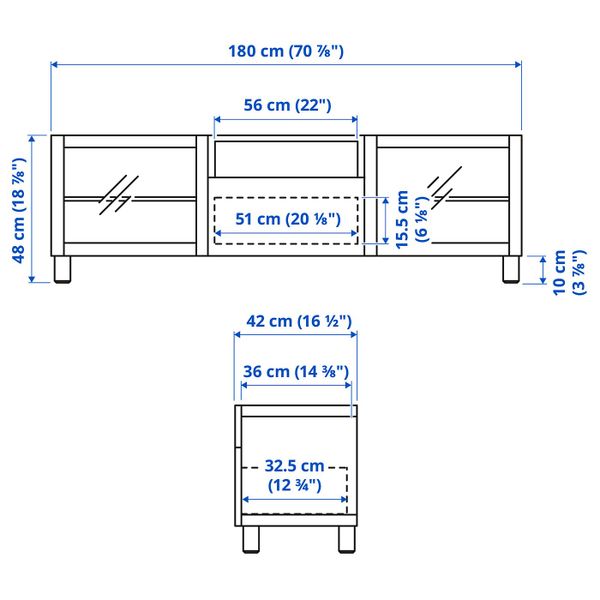 Тумба под ТВ, белый/ХАНВИКЕН/СТУББАРП белый прозрачное стекло 180x42x48 см IKEA BESTÅ БЕСТО 493.989.37 - схема-чертеж с размерами