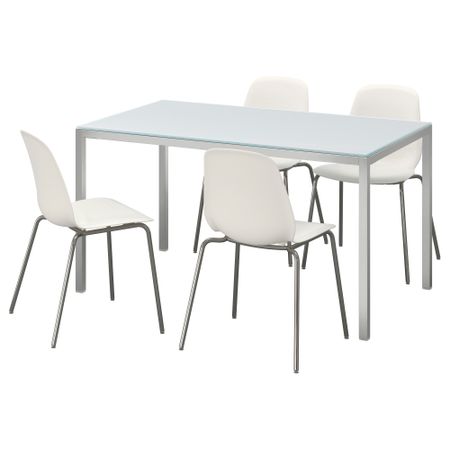 Стол и 4 стула ТОРСБИ / ЛЕЙФ-АРНЕ, стекло белый, белый (135 см)