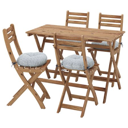 Стол + 4 складных стула, для/сада, серо-коричневая морилка/клёсан синий IKEA ASKHOLMEN АСКХОЛЬМЕН 094.351.40