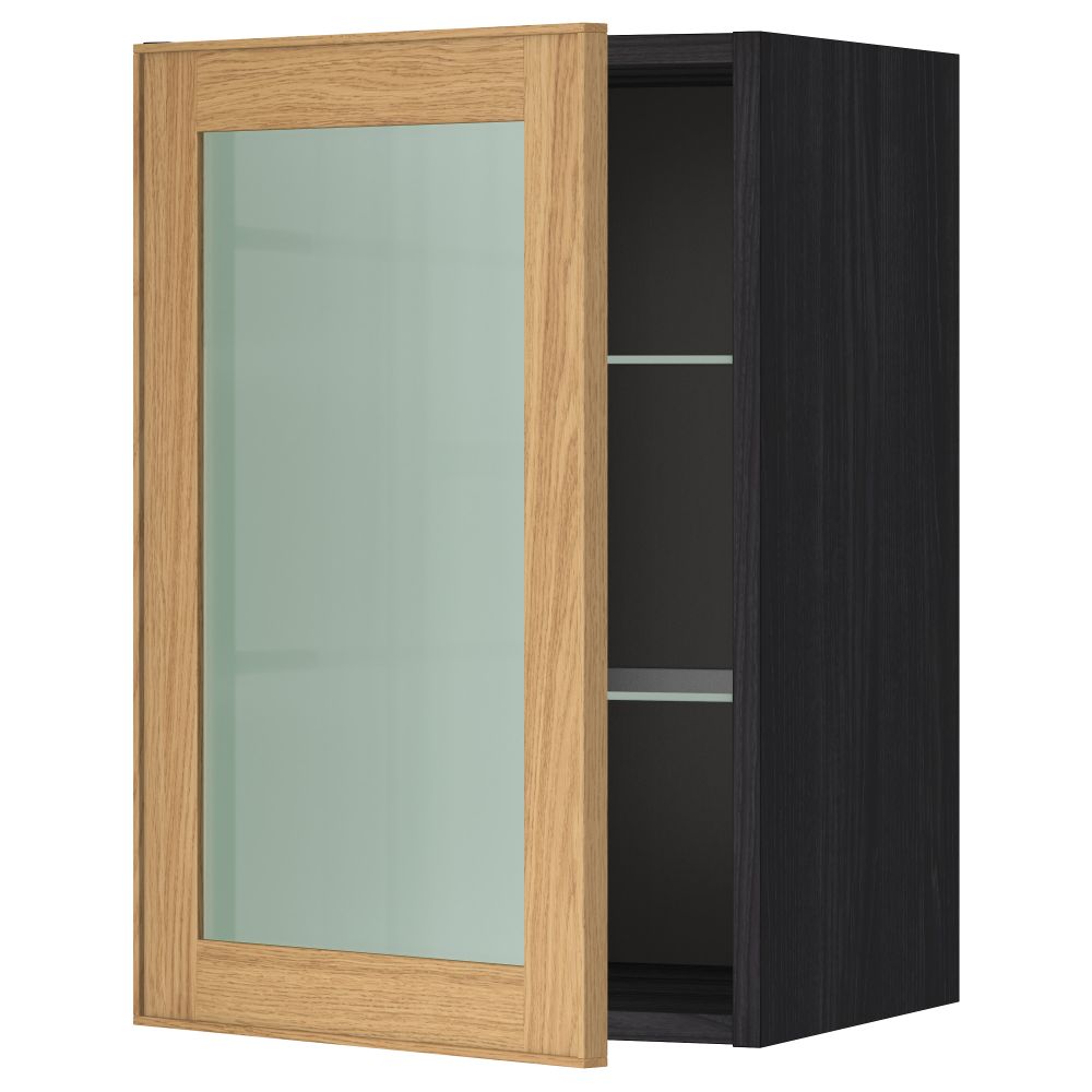 Навесной шкаф с полками, стекляными дверцы МЕТОД, черный, Экестад дуб - схема-чертеж с размерами