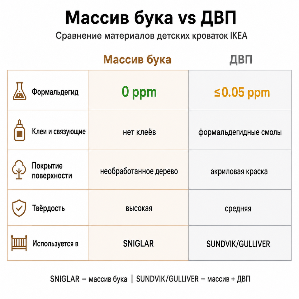 Сравнение характеристик массива бука и ДВП в детских кроватках IKEA по эмиссии формальдегида и прочности