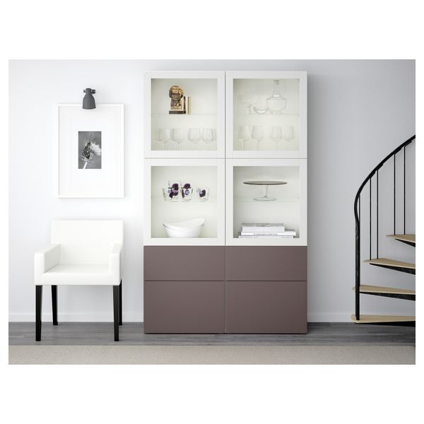 Комбинация для хранения со стеклянными дверцами БЕСТО, белый, Вальвикен темно-коричневый, прозрачное стекло (120x40x192 см) - схема-чертеж с размерами