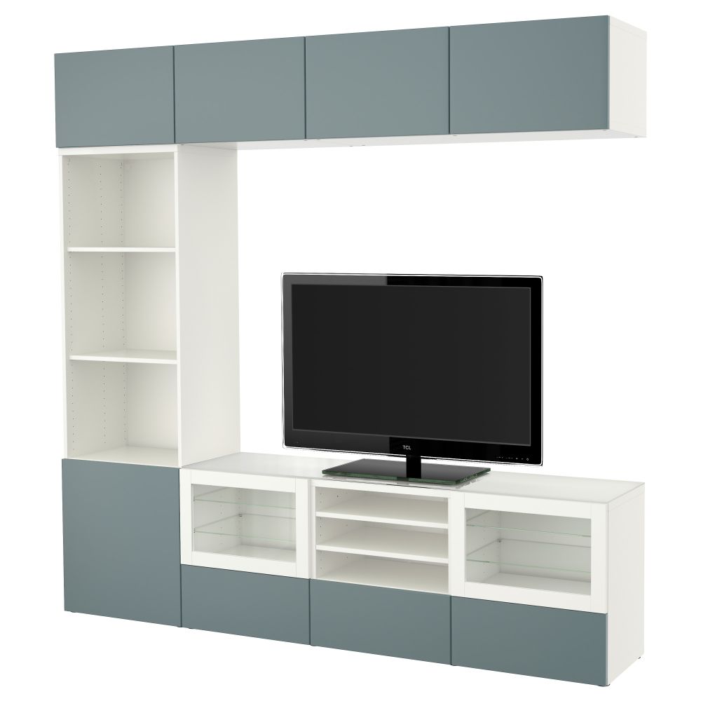 Шкаф для ТВ, комбинированный, стекляные дверцы БЕСТО, белый, Вальвикен серо-бирюзовый, прозрачное стекло (240x40x230 см) - фото 1