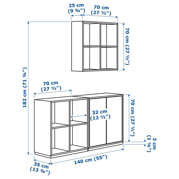 Комбинация шкафов с цоколем ЭКЕТ, белый/светло-серый, темно-серый (140x35x182 см) - схема-чертеж с размерами