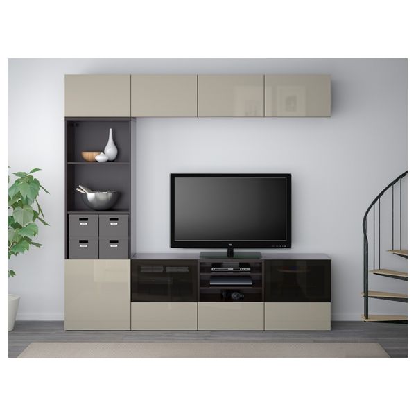 Шкаф для ТВ, комбинированный, стекляные дверцы БЕСТО, черно-коричневый, Сельсвикен глянцевый/бежевый/дымчатое стекло (240x40x230 - фото 2