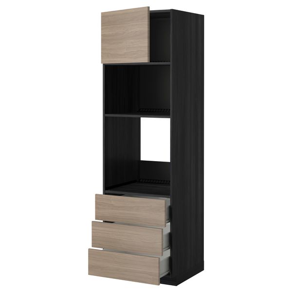 Высокий шкаф для духовки/СВЧ дверца, 3 ящика МЕТОД / ФОРВАРА, черный, Брокхульт светло-серый - фото 1